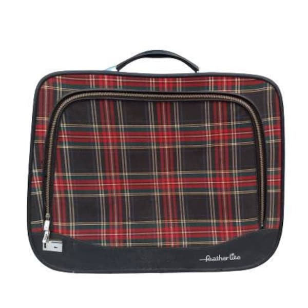 1960's Mid Century Tartan Plaid Zip Top Carry On Featherlight Suitcase with Key