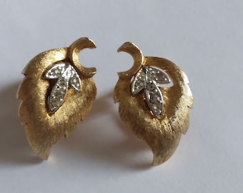 Vintage Golden Leaf and Rhinestone Clip On Costume Jewelry Earrings- FREE SHIPPING