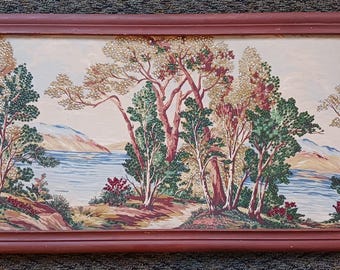 Mid Century 40's Hand Beaded Barkcloth Landscape Framed Wall Art- FREE SHIPPING