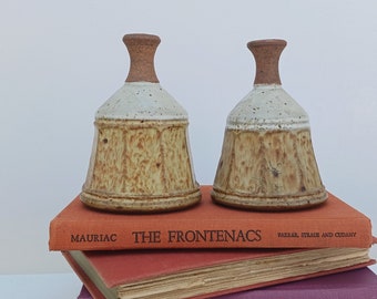 Signed Mid Century Studio Pottery Stoneware Set of Two Solifleur Bud Vases