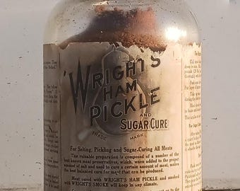 Wrights Ham Pickle and Sugar Cure Half Gallon Antique Jar with Paper Label- NOS Country Store- Antique Vintage Farm Decor- FREE SHIPPING