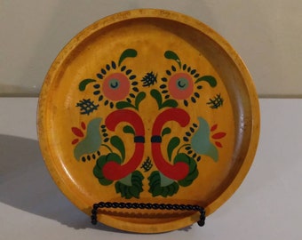 1940's Signed Dated Hand Painted Folk Art Tole-  Small Wooden Wall Plate or Tray- FREE SHIPPING
