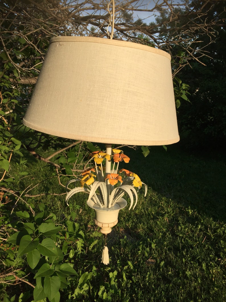 Vintage Orange And Yellow Flowers French Tole Chandelier 50