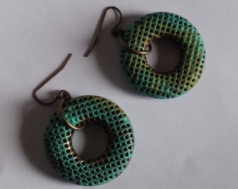 Vintage Genuine Brass Patina Donut Dangle Circle Earrings- FREE SHIPPING