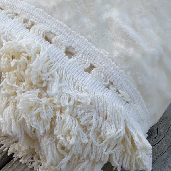 RESERVED- Vintage 1970's Off White Creme Crushed Velvet Full Size Bedspread with Fringe- RARE COLOR