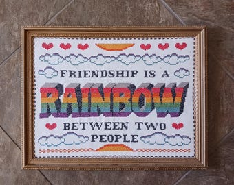 1970's Handmade Kitsch Wall Art- Completed Cross Stitch Framed Fiber Art- Friendship is a Rainbow- FREE SHIPPING