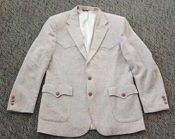 1970s Levi's Western Wear Beige Tweed Two Button Sport Coat with Leather Knot Buttons- 44L