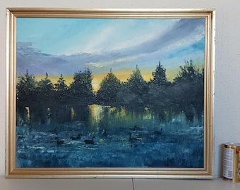 Vintage Mid Century Signed Original Lake Sunrise Oil on Canvas Painting- Ducks on the Pond- Large Framed Landscape Wall Art- FREE SHIPPING