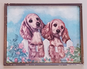 Vintage Mid Century Kitsch Cocker Spaniels Art Treasures Inc. Framed Lithograph Wall Art by Silton