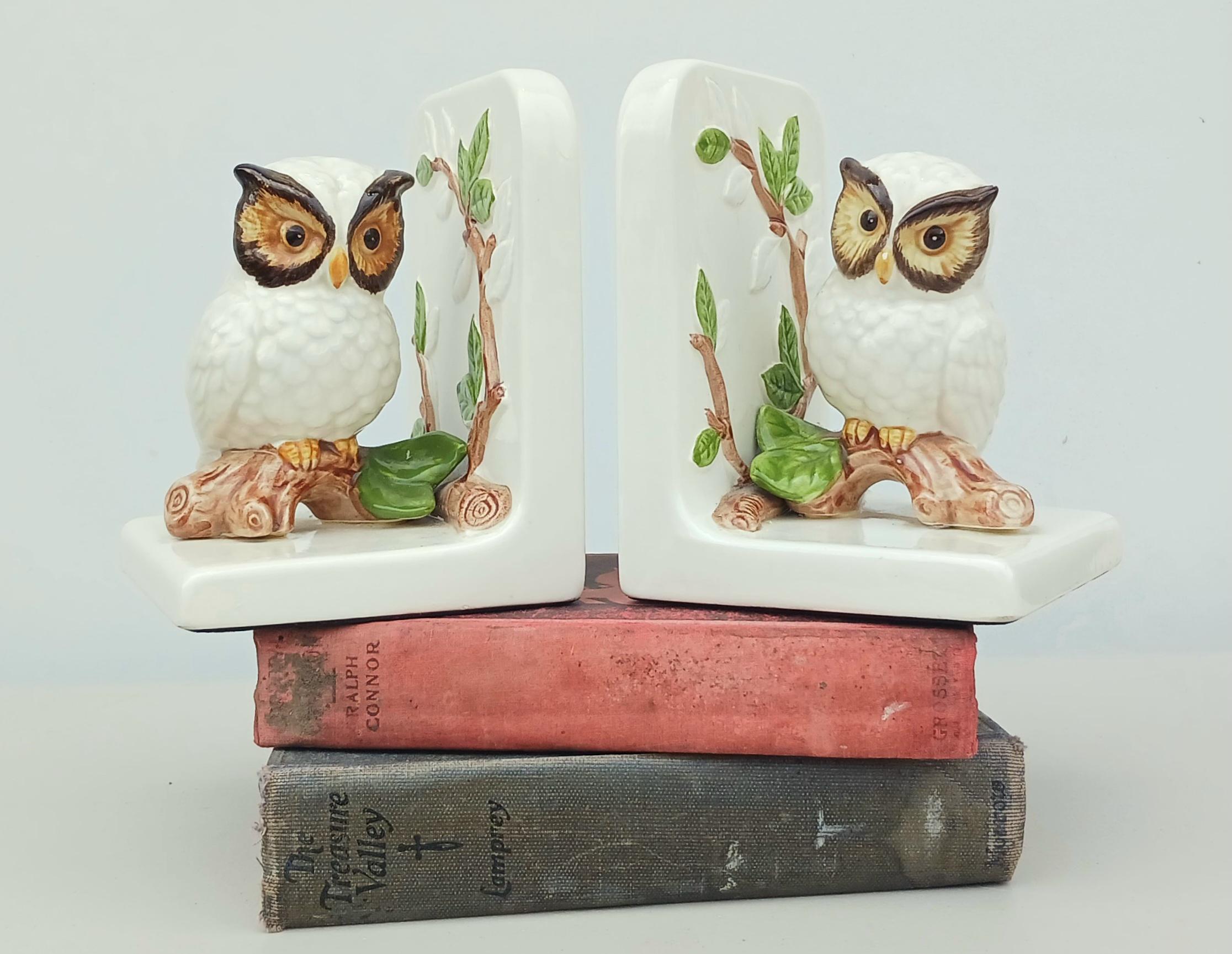 Ceramic Owl Bookends- Mid Century OMC Japan- Otagiri Mercantile Company- Rare Snow Owl set- FREE SHI