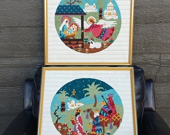 1979 Bernat Herald Angel and Three Kings Christmas Nativity Finished Framed Fiber Art- FREE SHIPPING