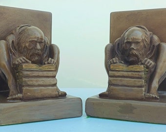 Epic Early 20th Century Detailed Figurative Monk or Priest Plaster Bookends