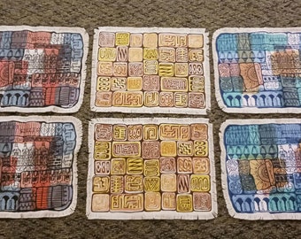 NOS MCM Harwood Steiger Abstract Hand Printed Maximalist Cityscape Linen Placemats- Set of Two- A Pair