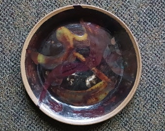 Mid Century Hand Thrown Signed Studio Art Pottery Large Glazed Stoneware Plate or Tray