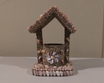 Hand Crafted Sea Shell and Beach Sand Fairy Garden Wishing Well- Vintage Handmade Shell House- FREE SHIPPING