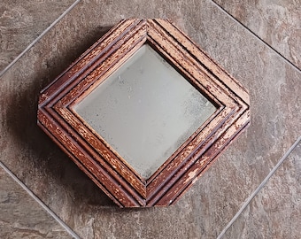 Antique Thick Glass Distressed Primitive Diamond Square Beveled Wall Mirror