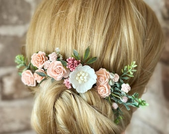 Peach Floral Hair Pins: Rustic Wedding Accessories, Bridal Flower Hair Clips