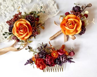Burgundy Orange Purple Floral Wedding Set: Hair Comb, Corsage, Buttonhole