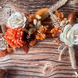Burnt Orange Flower Corsage: Autumn Wedding Bracelet with Acorns