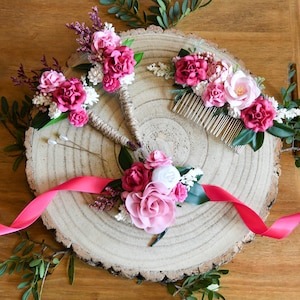 Pink Floral Wedding Corsage & Hair Comb: Rustic Ribbon Bracelet