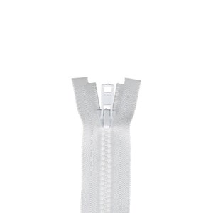 Può includere: Una cerniera lampo bianca con un cursore in plastica. La cerniera è aperta e il cursore è al centro della cerniera.