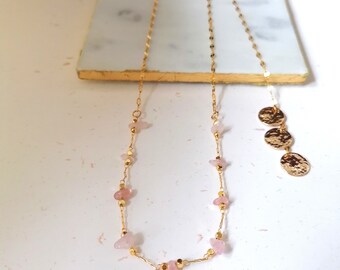 Golden Back Necklace Kalisaya Cannon Powder with Rose Quartz Beads and Hammered Sequins Necklace Y Wedding Boho Chic Gift Idea