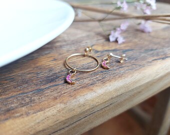 SELENE. Asymmetric 14k gold filled earrings with 3 micron gold plated moons and inlaid with fuchsia zirconium