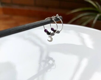 925 Silver earrings with Bohemian colored glass beads and moon-shaped pendant