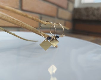 CORTEZA. 14k gold filled earrings with rhombus-shaped pendant and faceted bohemian glass beads