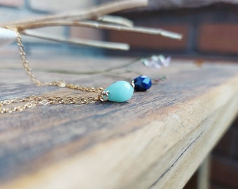 LLUVIA. 14K gold filled necklace with drop-shaped gemstone pendants. Amazonite and Lapis Lazuli