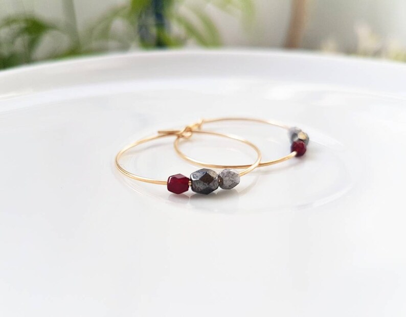 14k Gold filled earrings hoops with bohemian glass beads / minimal jewelry/ hoops with bohemian beads, Gold jewelry image 1