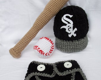 Crochet Chicago White Sox Baby Photo Prop, Baseball Cap, Diaper Cover, Bat and Ball Rattle, Outfit,