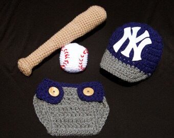 Crochet NY Yankees Baby Photo Prop, Nouveau-né, Tenue, Ensemble de crochet, Hochet de batte et de balle, Équipe de baseball, Sport, Photographie