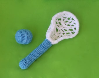 Palo y pelota de lacrosse, accesorio fotográfico de crochet. Primera foto de bebé. Lacrosse, pelota, deporte. Hecho a mano. Regalo para baby shower. Recién nacido.