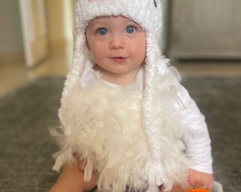 Baby Chicken Costume, Feathered Bodysuit, Crocheted Chicken hat, Halloween costume, Baby chicken costume. Easter, Easter costume.