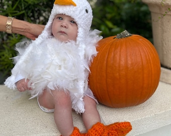 Baby Chicken Costume, Feathered Bodysuit, Crocheted Chicken hat, Halloween costume, Baby chicken hat. First Halloween.