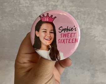 custom personalized birthday party photo button // [NAME'S SWEET SIXTEEN]