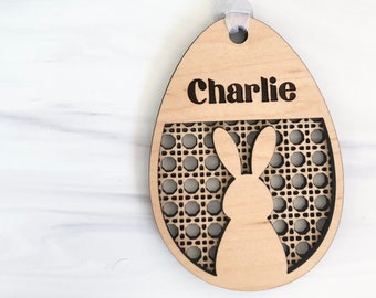 custom engraved wood easter name tag // cane // rattan // bunny // bag tag