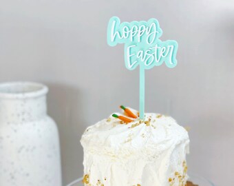Hoppy Easter Hand Lettered Acrylic Cake Topper / Easter Basket Tag / Flower Bouquet Label / Pastel Easter Party Decor / Mint Cake Topper