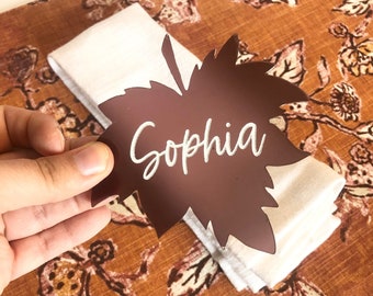 frosted acrylic engraved place cards // fall or thanksgiving // engraved place settings // leaf, pumpkin, turkey