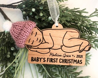 custom laser engraved wood ornament // baby's first christmas // knit hat accessory