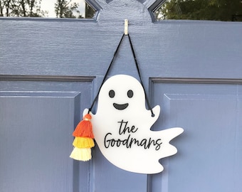 custom laser cut acrylic halloween last name sign with tassel // ghost // personalized