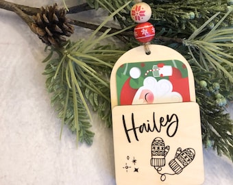 custom laser engraved wood ornament // gift card holder with inside message // mittens