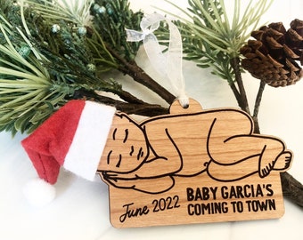 custom laser engraved wood ornament // christmas baby annoucement // baby [name]'s coming to town