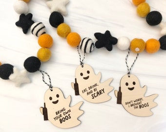 engraved wood halloween wine bottle tags // SET OF 3 // don't worry i brought the boos // bring your own boos // eat drink and be scary