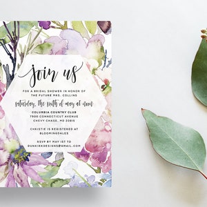Aquarel Floral Shower Nodigt / Purple Green Floral / Kalligrafie / Semi-Custom Party Bruidsdouche nodigt / gedrukte uitnodigingen