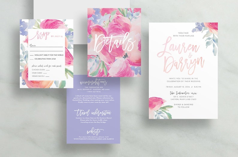 Soft Floral Watercolor Wedding Invites Tropical Pink Floral Brush Lettering Semi-Custom Wedding Invitation Suite Printed Invitations
