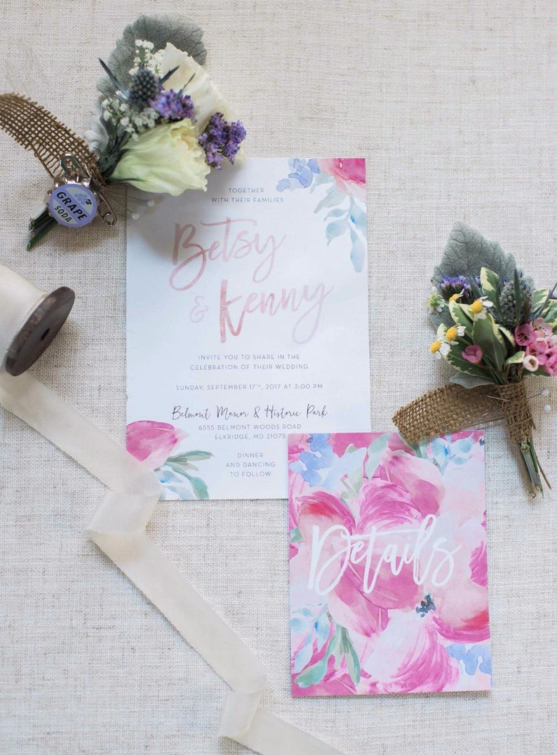 Soft Floral Watercolor Wedding Invites Tropical Pink Floral Brush Lettering Semi-Custom Wedding Invitation Suite Printed Invitations