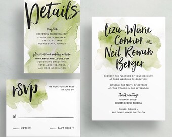 Watercolor Splash Wedding Invites / Olive Green / Hand Brush Lettering / Semi-Custom Wedding Invitation Suite / Print-at-Home Invitations
