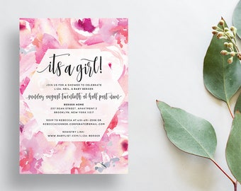 Watercolor Floral Shower Invites / Bright Pink / Calligraphy / Semi-Custom Party Bridal Baby Shower Invites / Print-at-Home Invitations